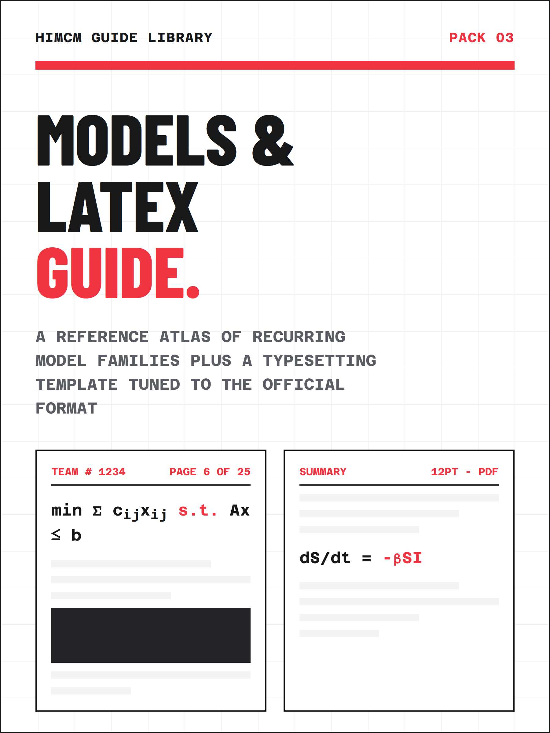 HiMCM Model Compendium and LaTeX Guide pack cover with formatted page mockups